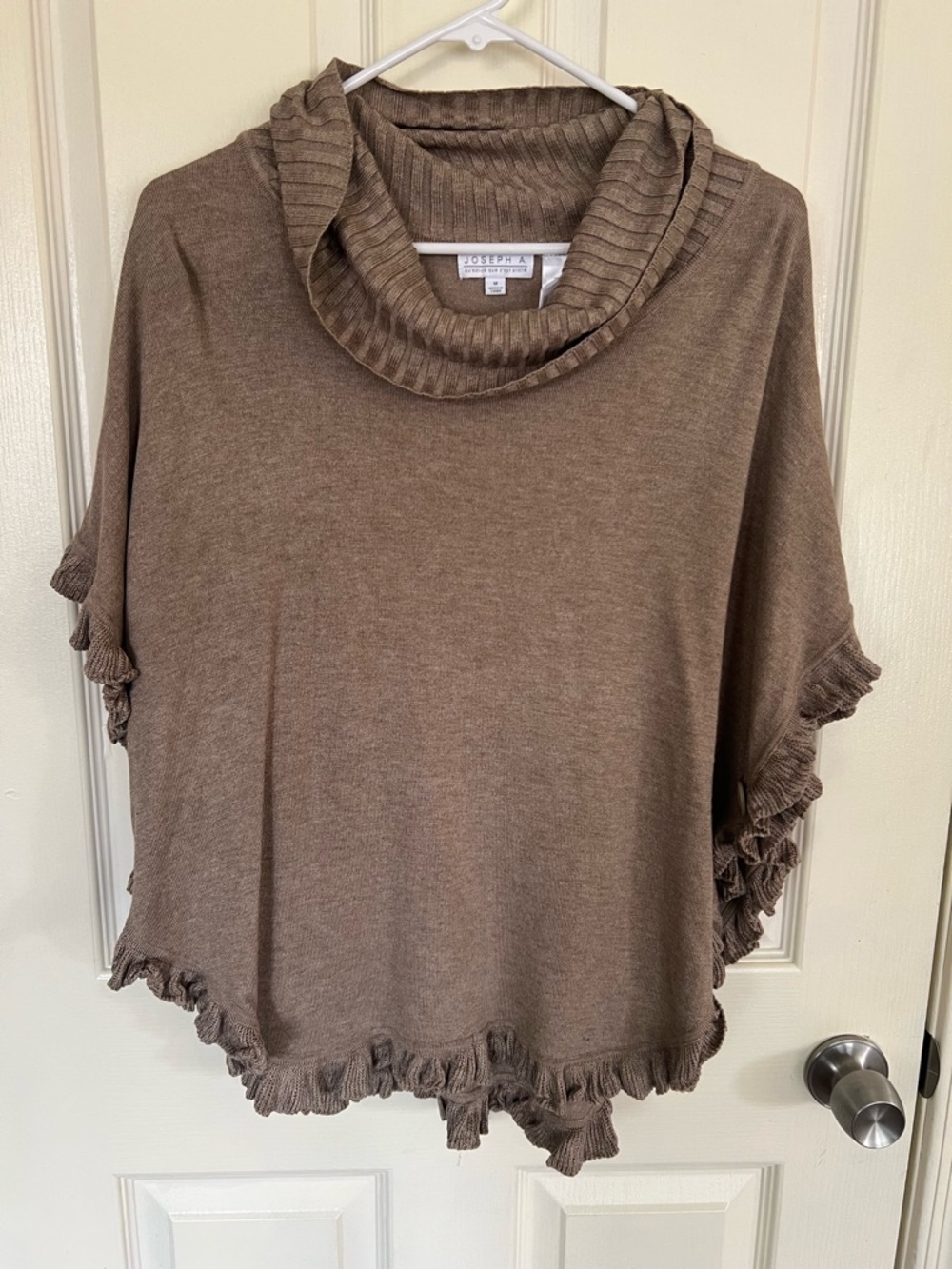 Joseph A Taupe Ruffle Poncho Sweater M Cowl Neck Knit Cape Style Top